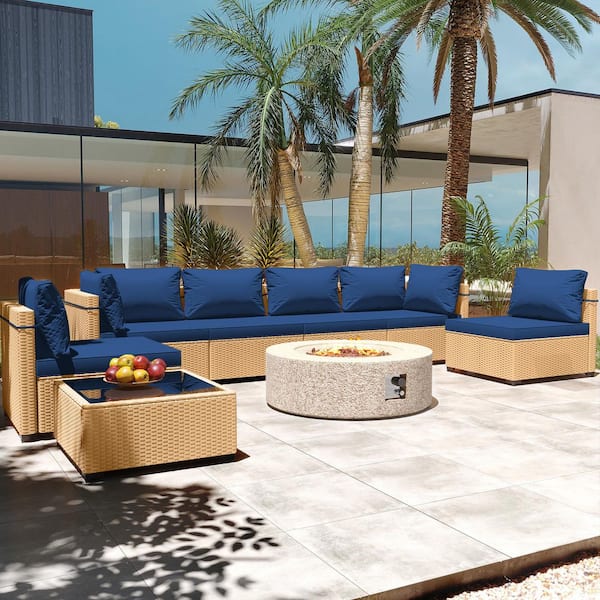PATIO WATCHER 8-Piece Wicker Patio Conversation Set with Cushions and 42 in. Outdoor Round Fire Pit Table, Navy Blue Cushions