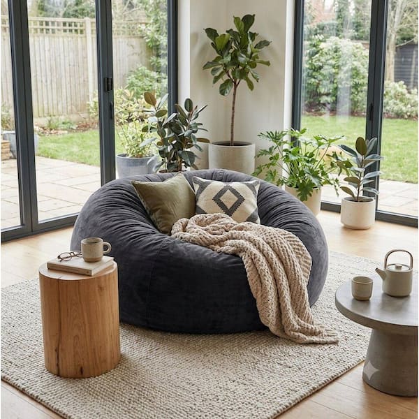 5 ft. Black Flannel Bean Bag Chair with Memory Foam Filling and Removable Cover