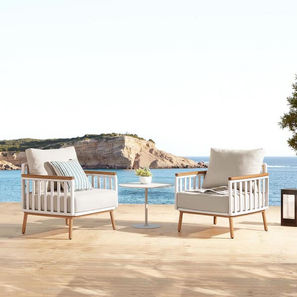Jennifer Taylor Calarono 29 in. Set of 2 Teak and Aluminum Patio Accent Arm Chairs in Sand Dune Chenille