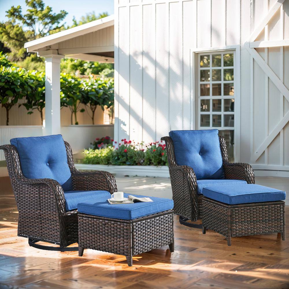 Carolina Brown Swivel Rocking Wicker Outdoor Lounge Chair with Blue Cushions with Ottomans price history on PriceWatchPro