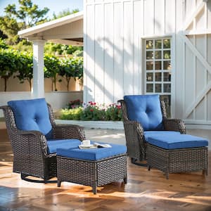 Carolina Brown Swivel Rocking Wicker Outdoor Lounge Chair with Blue Cushions with Ottomans