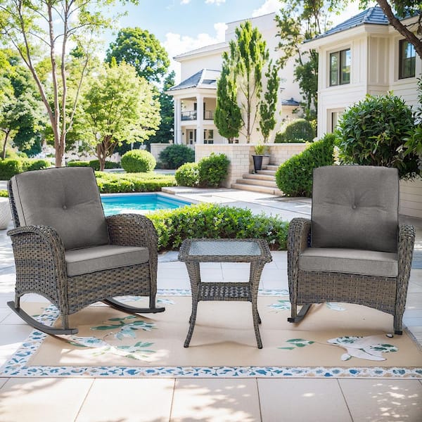 Rotavia 3-Piece Brown PE Wicker Outdoor Rocking Chair with Olefin Gray Cushions Patio Conversation Set and Side Table
