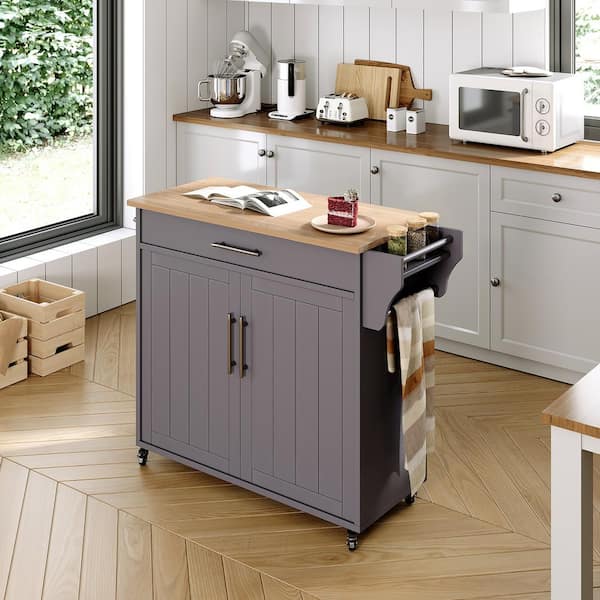 STICKON STICKON Grey Wood 35.1 in. Rolling Kitchen Island with Storage Cabinet