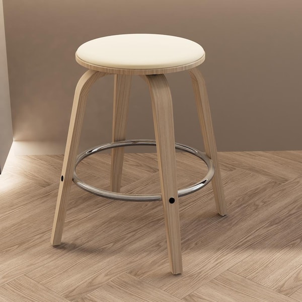 25 in. Counter Height Stool in Leather with Poplar Wood Legs and Iron Footrest 360-Swivel Seat in Washed Walnut/Taupe