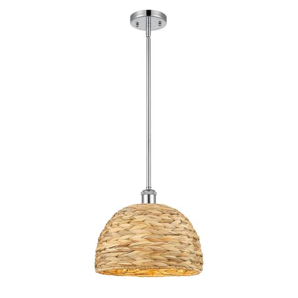 Innovations Woven Rattan 100-Watt 1-Light Polished Chrome Shaded Mini Pendant Light with Rattan Shade