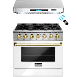 36 in. 900 CFM Ducted Under Cabinet Range Hood and 36 in. 5.2 cu. ft. Gas Range with Convection Oven in Glossy White