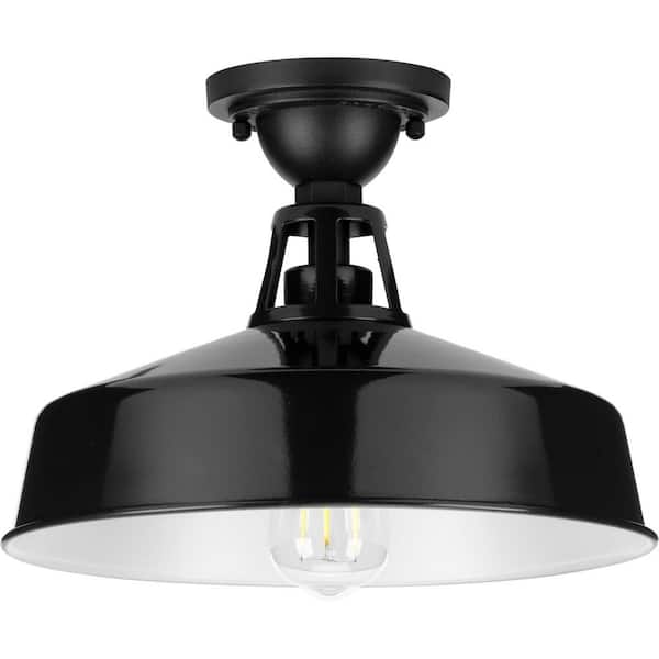 Progress Lighting Cedar Springs Collection 1-Light Gloss Black Farmhouse Outdoor Semi-Flush Mount Light