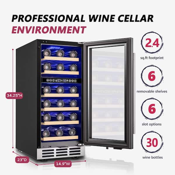 15 in. Dual Zone 30-Wine Bottles Wine Cooler in Black, with Adjustable Shelves and Reversible Door