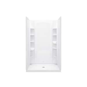 STORE+ 48 in. x 34 in. Single Threshold Center Drain Shower Base with Shower Walls and 10-Piece Accessory Kit in White