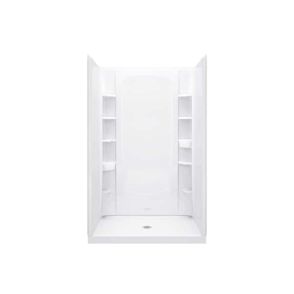 STORE+ 48 in. x 34 in. Single Threshold Center Drain Shower Base with Shower Walls and 12-Piece Accessory Kit in White