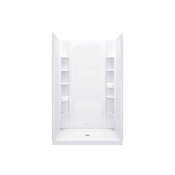 STORE+ 48 in. x 34 in. Single Threshold Center Drain Shower Base with Shower Walls and 10-Piece Accessory Kit in White