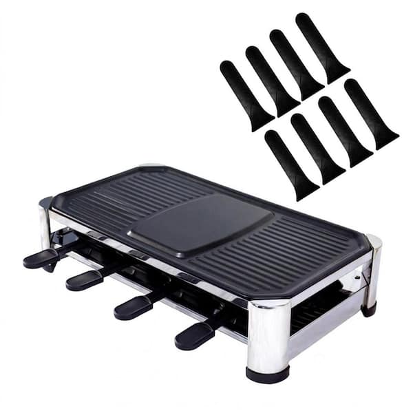 8-Piece Stainless Steel Electric Raclette Grill Set with Nonstick Plate, 8 Pans, Spatulas, 1500W Indoor