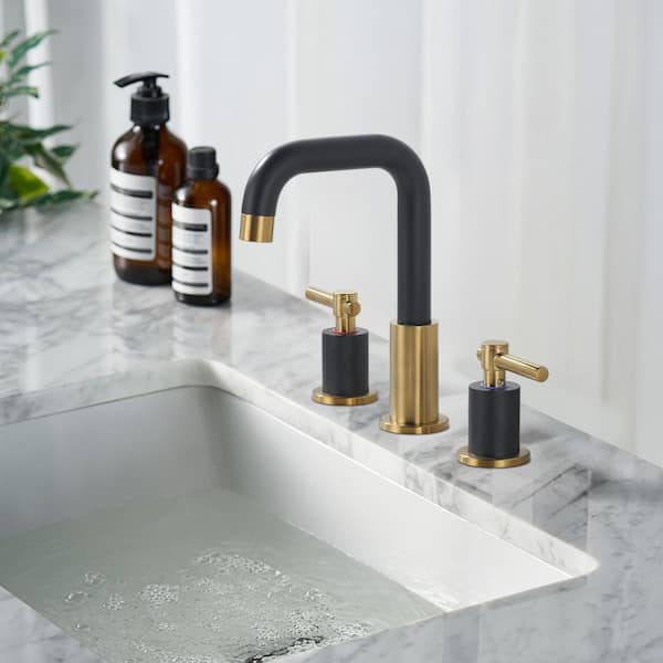 Deck Mount 8 in. Widespread Double Handle High Arc Bathroom Sink Faucet with Pop Up Drain in Black and Gold (1-Pack)