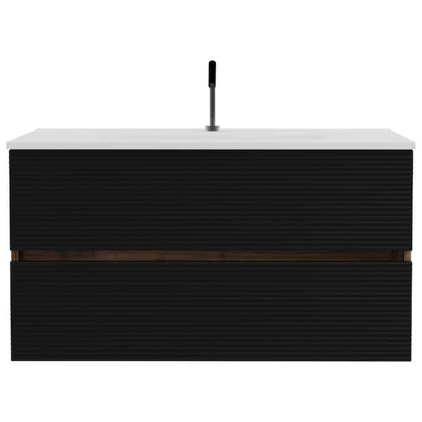 36 in. Wall-Mounted Black Brown Bath Vanity with White Ceramic Top Assembled