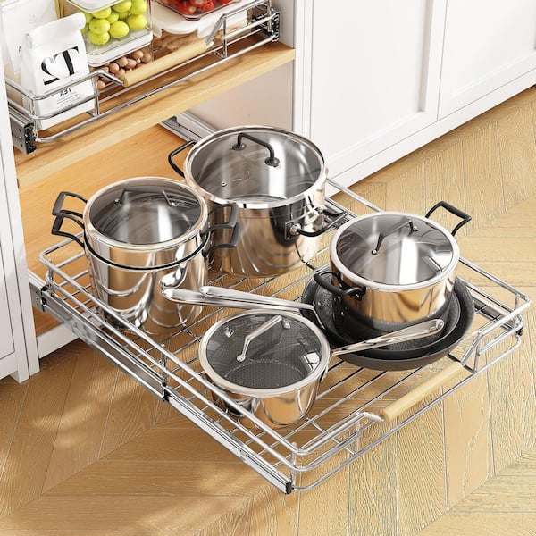 Chrome Pull Out Cabinet Organizer with Plated Sliding Roll Out Drawers for Kitchen Pantry, 15 in W x 21 in D