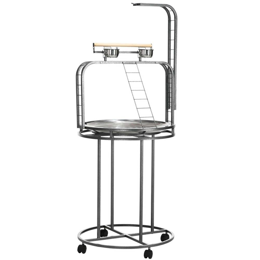 Gray Steel Bird Perch Stand with Toy Hook and Ladders