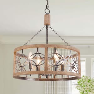 Bloomfield French Country Farmhouse 4-Light Weathered Wood Drum Rustic Chandelier