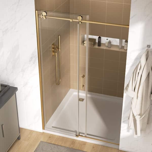 48 in. W x 76 in. H Single Sliding Frameless Shower Door/Enclosure in Gold with Clear Glass