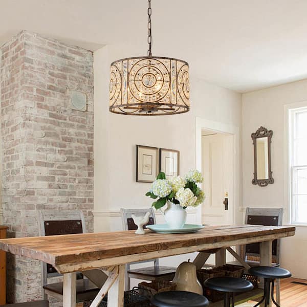 Iridescent 4-Light Vintage Crystal Drum Antique Bronze Chandelier Retro Classic Medium Lighting Fixture for Dining Room