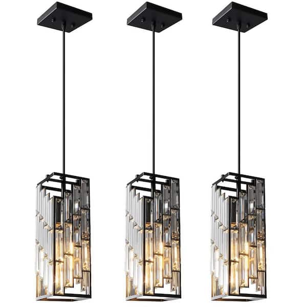 (3-Pack) 1-Light Black Crystal Prism Design Pendant Light Chandelier with Adjustable Hanging Ceiling Lamp