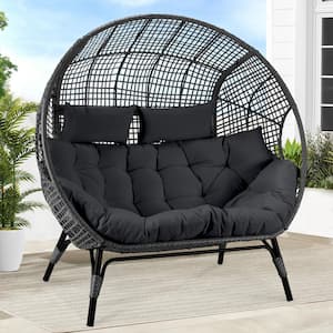 2-Person Gray Double PE Wicker Outdoor Lounge Egg Chair with Gray Cushion