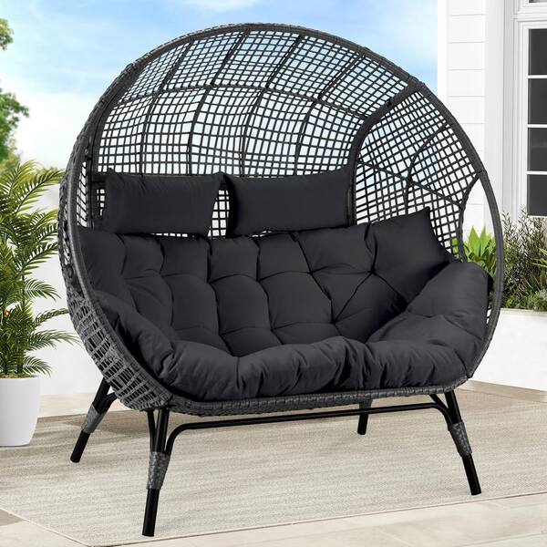 NICESOUL 2-Person Gray Double PE Wicker Outdoor Lounge Egg Chair with ...