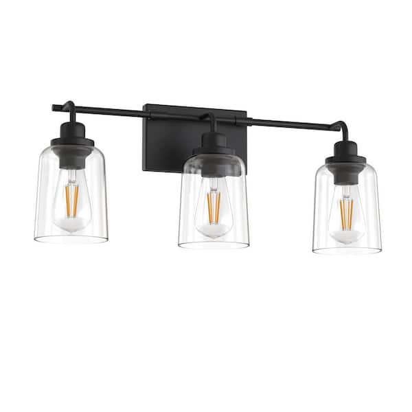 23 in. 3-Light Bathroom Fixture, Black Metal Vanity Light Frame with Clear Bell Glass Shades, Modern Bathroom Lighting