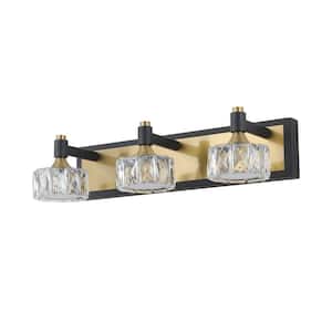 Merrin 19.7 in. 3-Lights Black Golden LED Bathroom Vanity Light with Crystal Shade