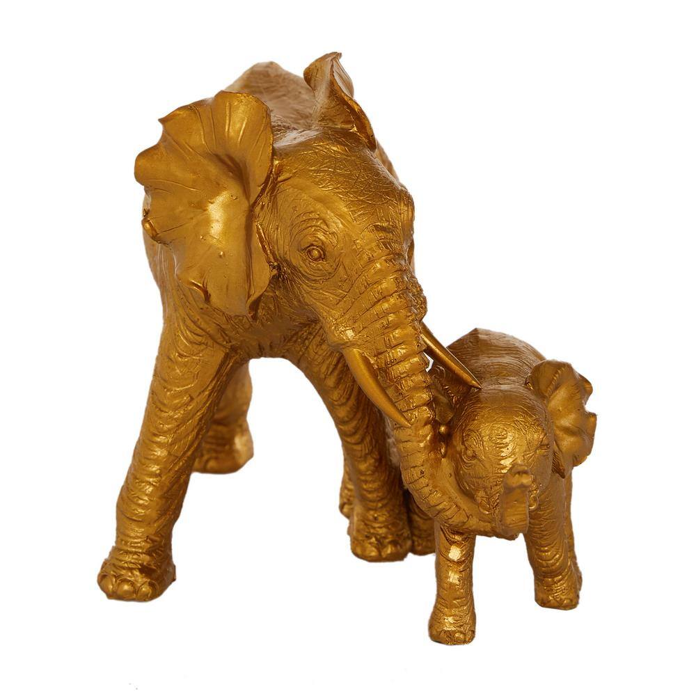 Gold Resin Elephant Figurine with Baby, 6" x 10" x 7"