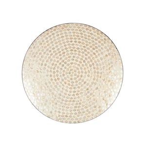 Cream Mother of Pearl Shell Round Geometric Disc with Wood Frame Wall Art