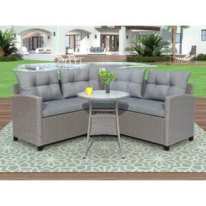 4-Piece Wicker Patio Conversation Seating Set with Round Table Gray Cushions