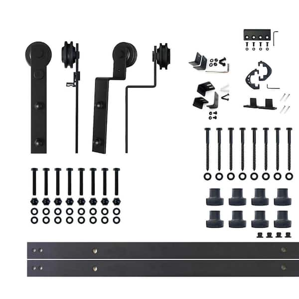 HOMACER 11 ft./132 in. Black Rustic Single Track Bypass Sliding Barn Door Hardware Kit Straight Design Roller for Double Doors