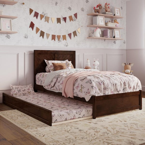 AFI Clayton Walnut Brown Solid Wood Frame Twin Platform Bed with Panel Footboard Twin Trundle