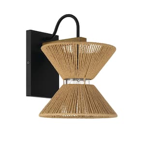 Serena 9 in. 1-Light Flat Black/Walnut Finish Wall Sconce with Glass and Paper Rope Shade