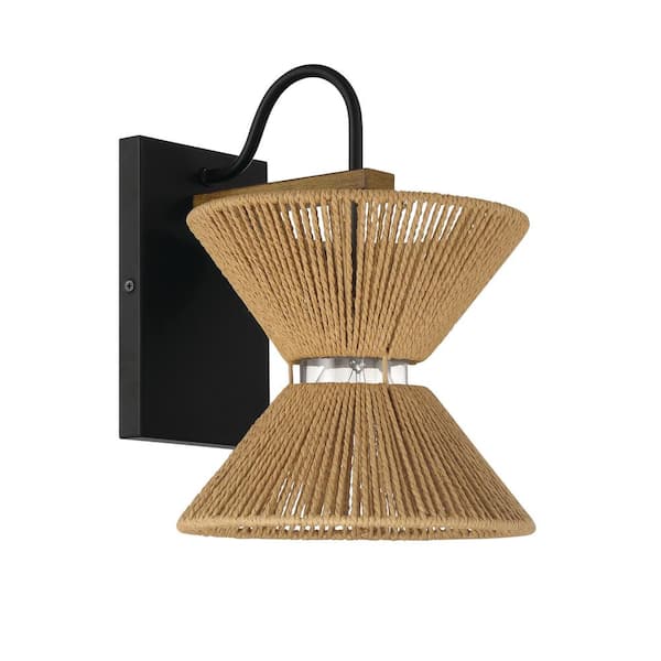 CRAFTMADE Serena 9 in. 1-Light Flat Black/Walnut Finish Wall Sconce with Glass and Paper Rope Shade