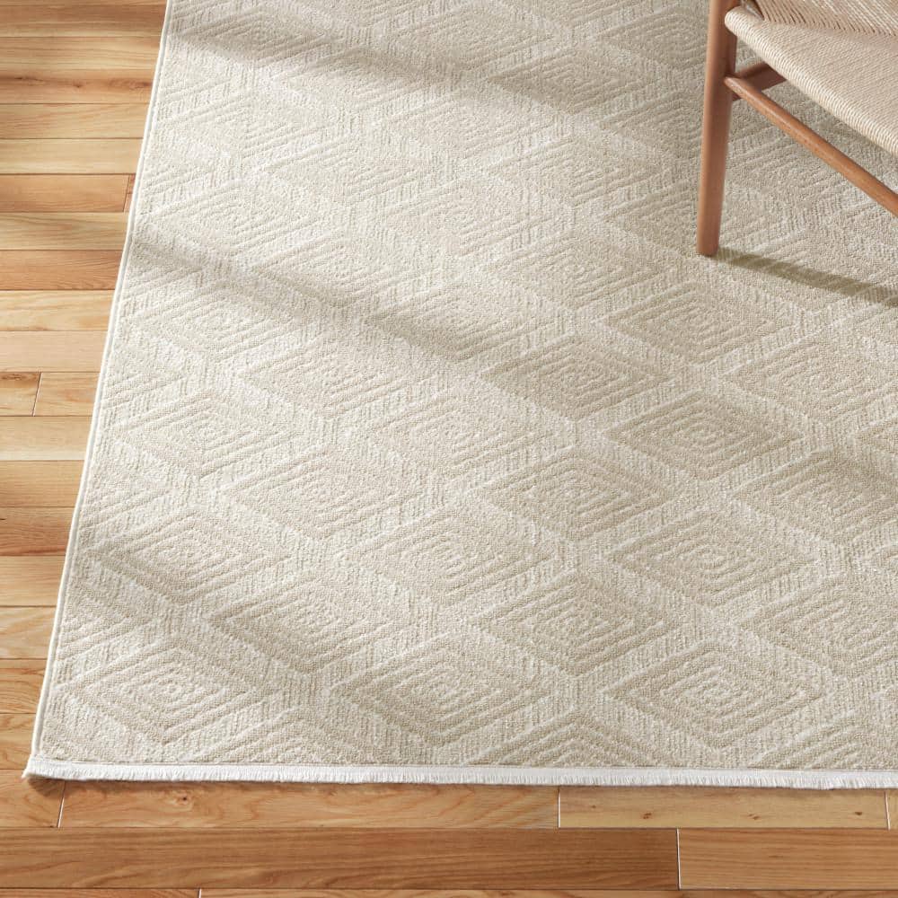 Beige Diamond Pattern Washable Polyester Runner Rug
