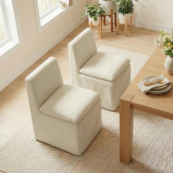 Thomas Sand Neutral Fabric Seat Removable Slipcover Easy-Clean Armless Dining Chair Set of 2