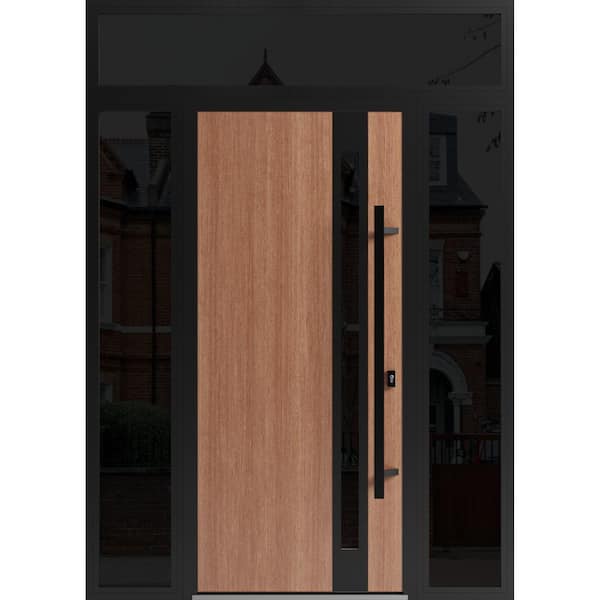 VDOMDOORS 1033 60 in. x 96 in. Left-hand/Inswing 3 Sidelight Tinted Glass Teak Steel Prehung Front Door with Hardware
