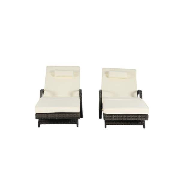 Gray Wicker Outdoor Lounge Chair Recliner with Beige Cushions