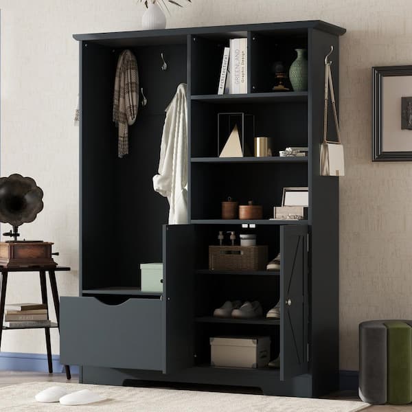 Nestfair Antique Blue Freestanding Hall Tree with Bench, Storage Shelves, Drawer, Cabinet and 7 Hooks