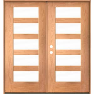 ASCEND Modern 72 in. x 80 in. 5-Lite Right-Active/Inswing Clear Glass Teak Stain Double Fiberglass Prehung Front Door