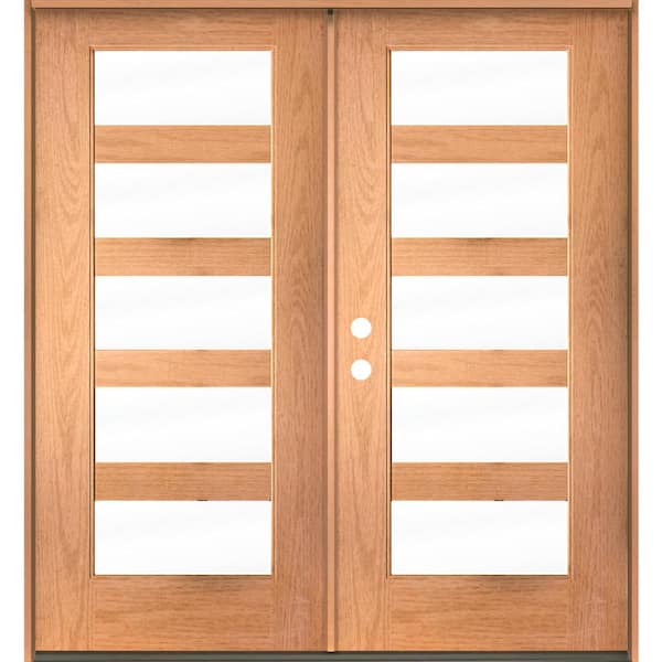 Krosswood Doors ASCEND Modern 72 in. x 80 in. 5-Lite Right-Active/Inswing Clear Glass Teak Stain Double Fiberglass Prehung Front Door