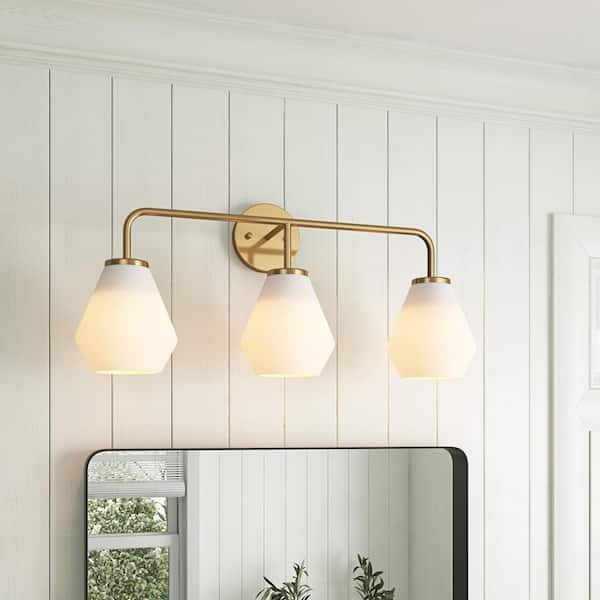 Modern 26.37 in. 3-Light Brushed Gold Bathroom Vanity Light Over Mirror with White Glass Shade