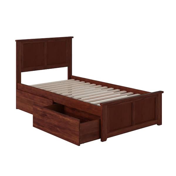 Madison Walnut Brown Solid Wood Frame Twin Platform Bed with Matching Footboard and Storage Drawers