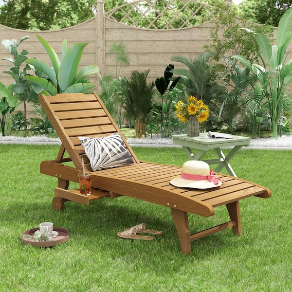 Kingdely Reclining Wooden Lounge Chairs for Outdoor Patio Pool Use With 3 Positions Adjustable and Pull-Out Tray