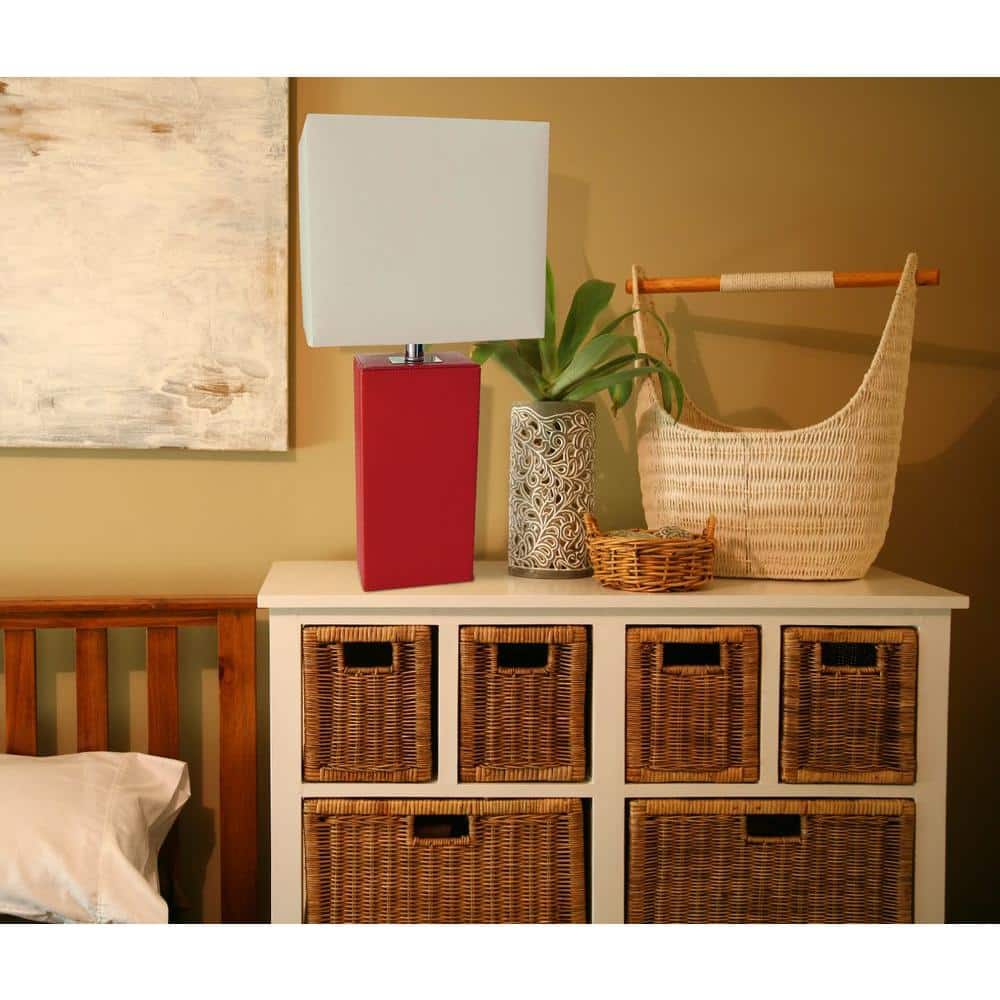 Modern Red Leather Table Lamp with White Fabric Shade