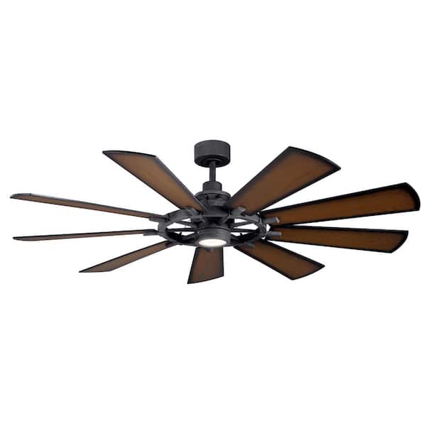 Gentry 65 in. Indoor Distressed Black Downrod Mount Ceiling Fan with Integrated LED with Wall Control Included