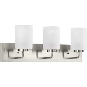 Merry Collection 24 in. 3-Light Brushed Nickel Etched Glass Transitional Bathroom Vanity Light