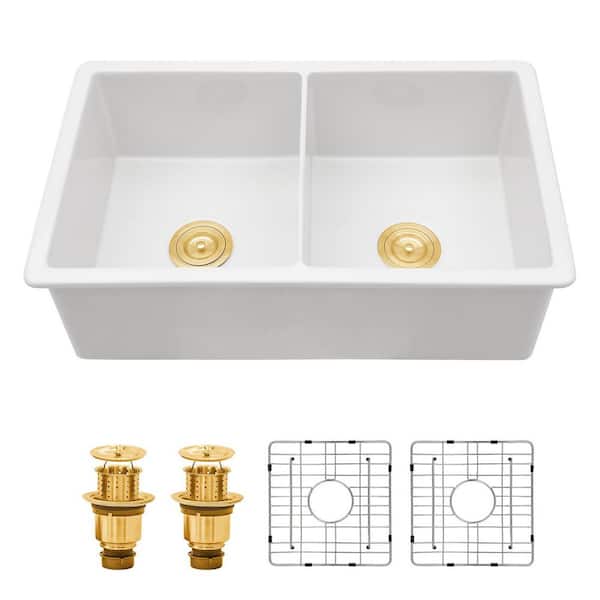 32 in. Undermount 50/50 Double Bowl White Porcelain Ceramic Kitchen Sink with Bottom Grids