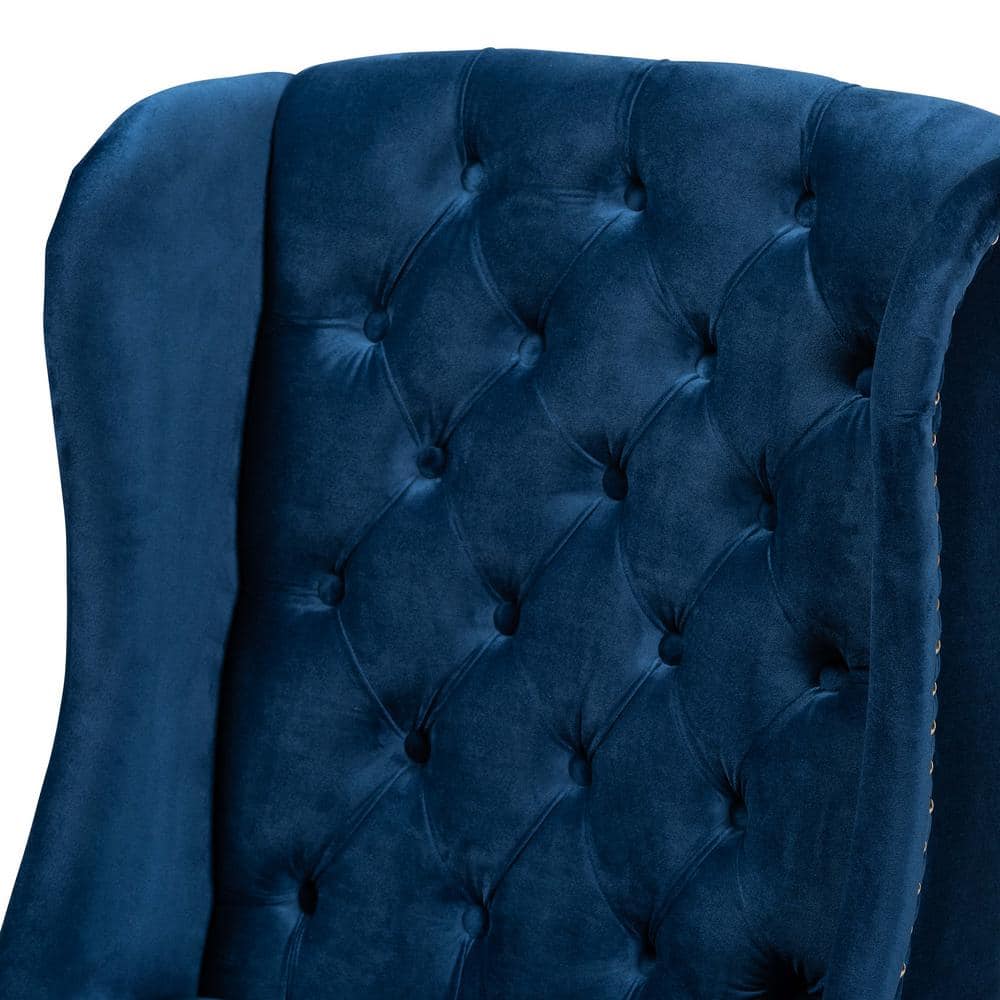 Lamont Navy Blue Velvet and Dark Brown Wood Wingback Dining Chair